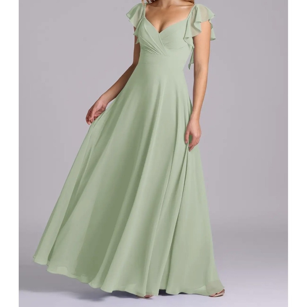 NEW Azazie SELAH Dusty Sage Green Flutter-Sleeve Chiffon Gown Size A6 Bridesmaid